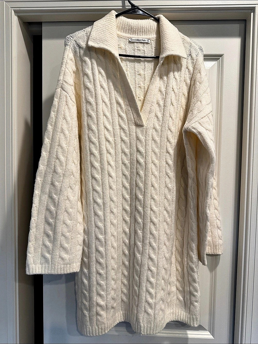 Abercrombie & Fitch Long-Sleeve Collared Cable Mini Sweater Dress Cream Medium
